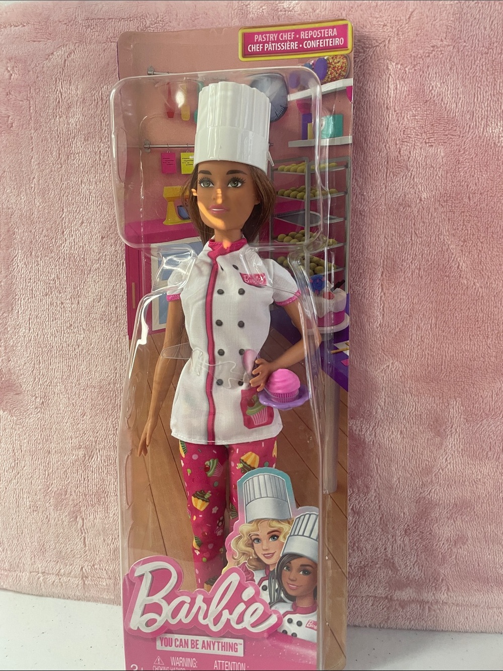 Barbie Pastry Chef Doll in White & Pink Chef Outfit with Patterned Pants